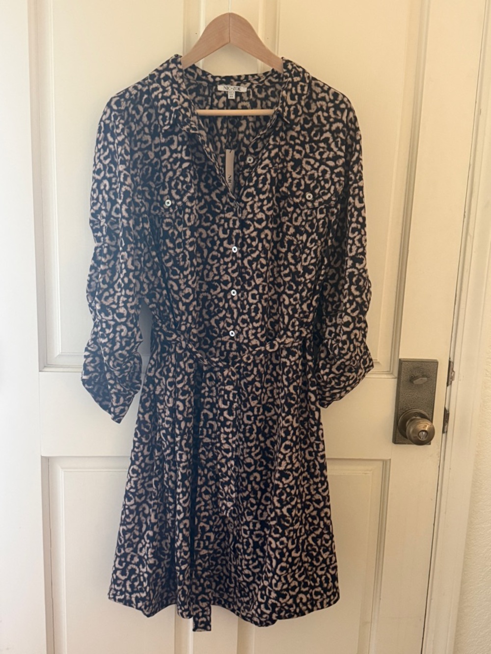 NIC+ZOE Leopard Print Long-Sleeve Shirt Dress in Black and Tan
